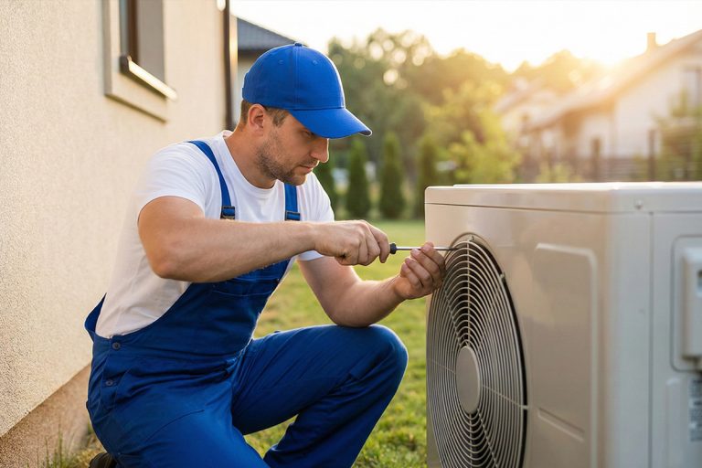Technician diagnosing furnace failure in Hall County home during cold morning
