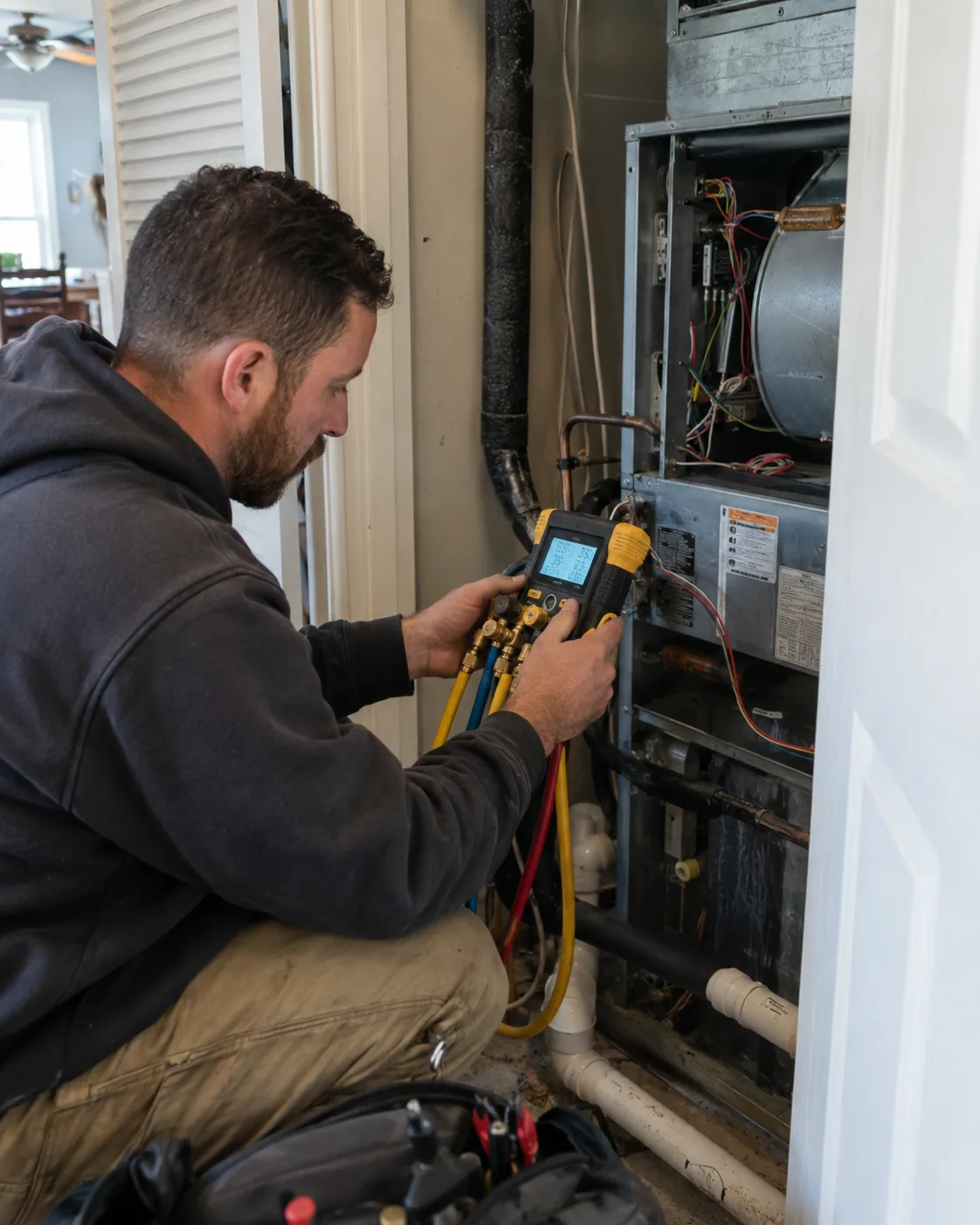 HVAC contractor measuring supply vent output inside a Hall County - GA home during diagnostics, HVAC contractor measuring vent temperature inside a Johns Creek - GA home during system testing, HVAC contractor measuring airflow inside a Peachtree Corners - GA home with diagnostic tools, HVAC Contractor measuring supply vent airflow inside a Lilburn - GA home, HVAC Contractor measuring supply vent output inside a Flowery Branch - GA townhouse hallway, HVAC Contractor testing airflow and controls inside a Suwanee - GA two-story home, HVAC contractor testing airflow inside a Sugar Hill - GA home during a cooling inspection, HVAC contractor measuring airflow inside a Lula - GA hallway during a residential system check, Technician performing AC repair inside a Buford - GA home while testing airflow