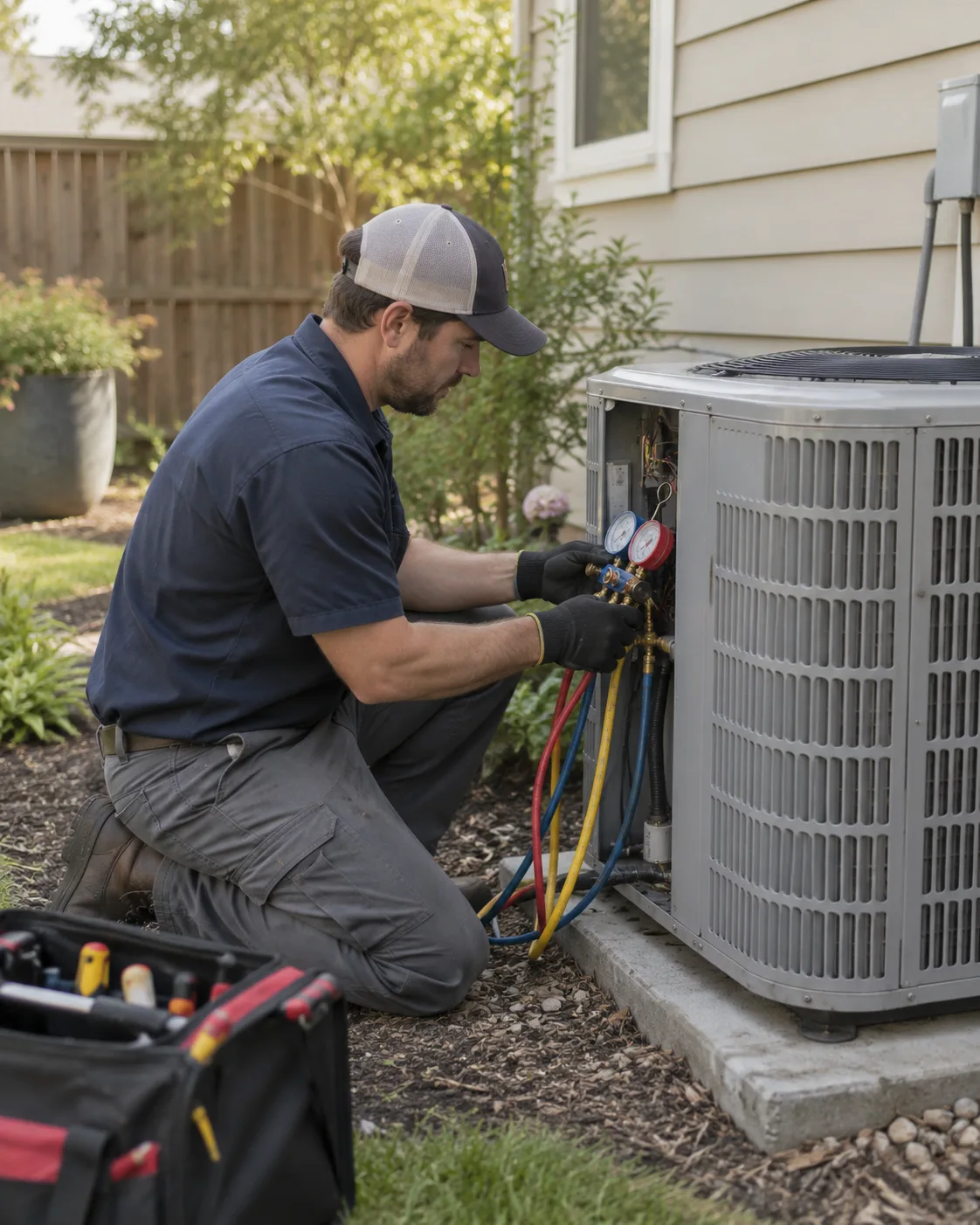 HVAC Contractor in Forsyth County - GA inspecting an outdoor condenser beside a suburban home, HVAC Contractor in Lawrenceville - GA testing airflow at a residential supply vent, HVAC Contractor in Loganville - GA inspecting an outdoor condenser during a residential service visit, HVAC Contractor in Braselton - GA testing airflow at an outdoor unit during service, HVAC Contractor in Alpharetta - GA testing refrigerant levels at a residential outdoor unit, HVAC Contractor in Clermont - GA checking refrigerant lines beside a residential heat pump