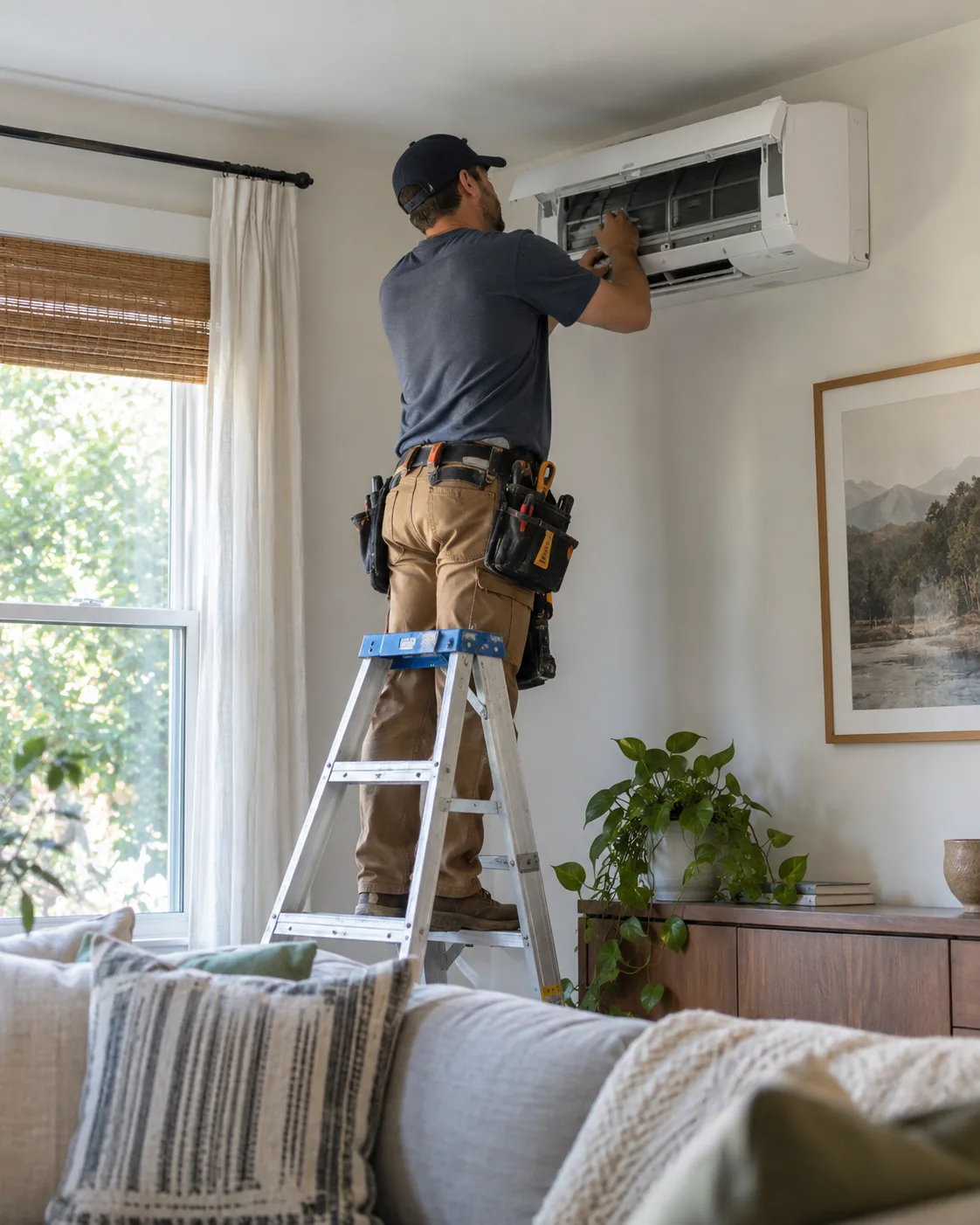 HVAC contractor measuring supply vent output inside a Sugar Hill - GA home during diagnostics, HVAC contractor measuring vent output inside a Suwanee - GA living room during service, HVAC Contractor measuring supply vent output inside an Auburn - GA home during diagnostics, HVAC Contractor measuring system performance inside an Oakwood - GA home during a diagnostic visit, HVAC contractor diagnosing airflow at a Milton - GA attic unit during a residential service call, HVAC contractor measuring airflow inside a Murrayville - GA living room during system testing
