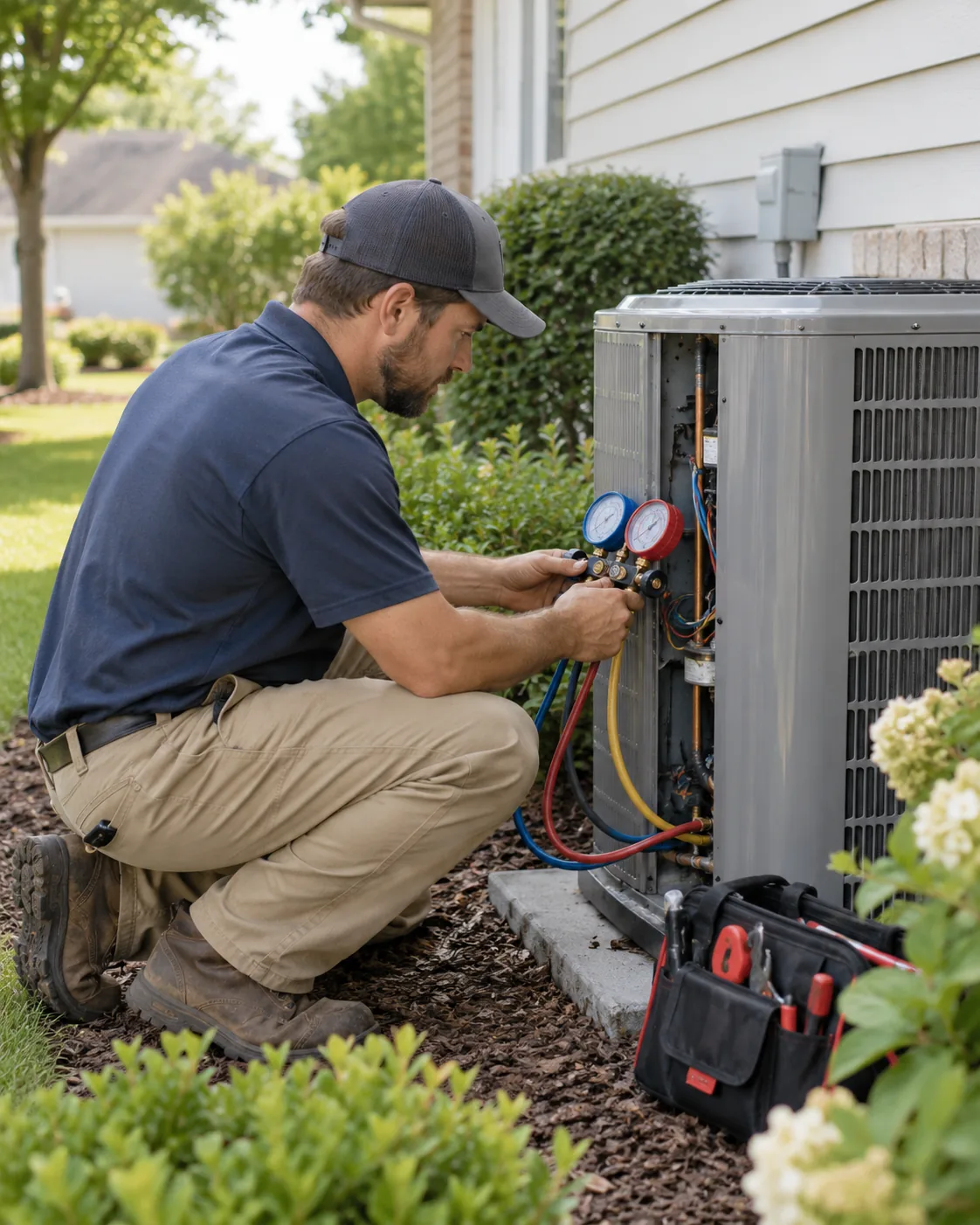 AC Repair in Duluth - GA technician checking refrigerant readings beside a residential condenser unit, Technician performing AC repair in Berkeley Lake - GA while checking refrigerant readings at an outdoor unit, AC Repair in Auburn - GA technician testing an outdoor condenser during a hot afternoon service call, Technician performing AC repair in a Sugar Hill - GA attic while checking airflow and electrical readings
