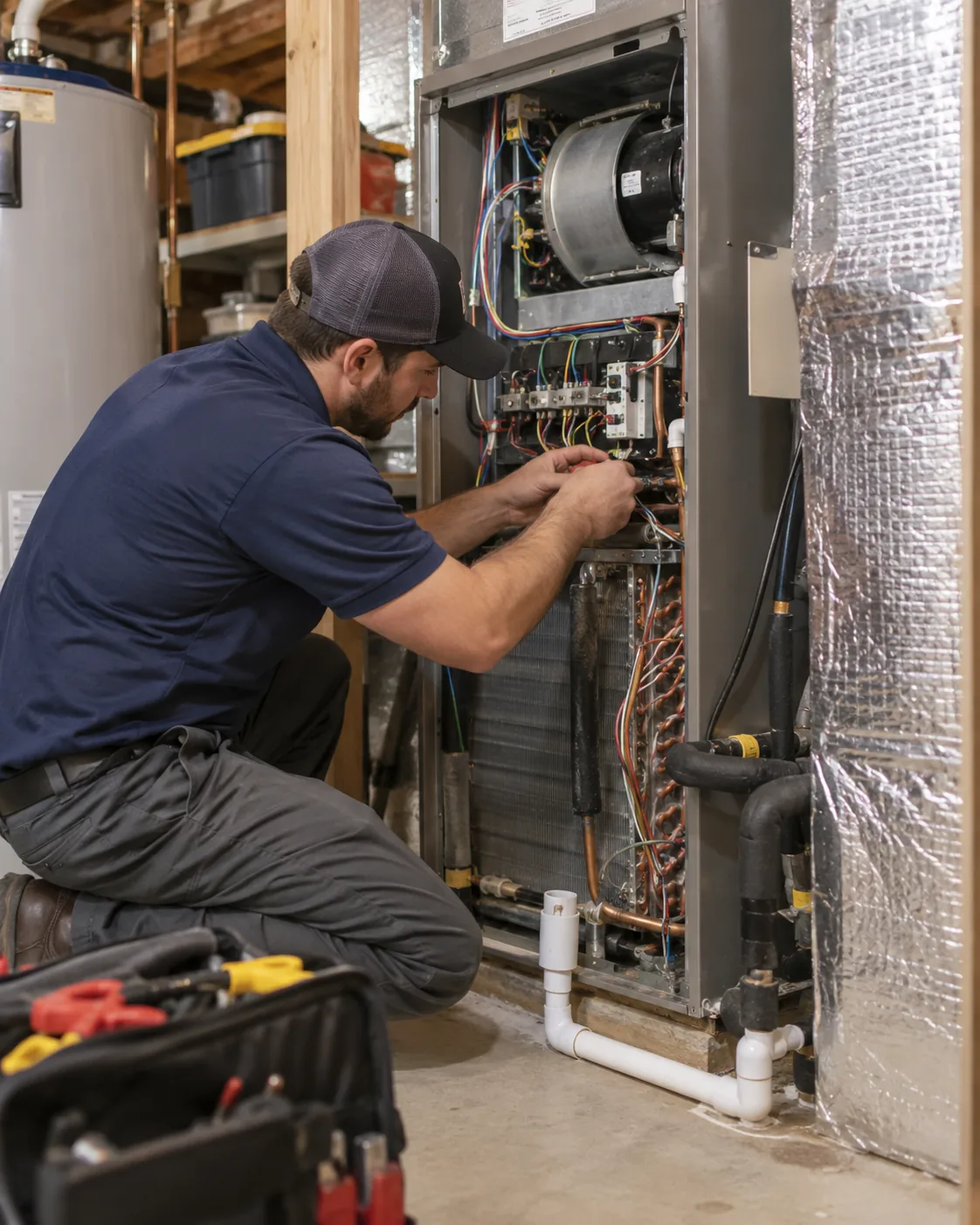 AC Repair in Lawrenceville - GA technician checking refrigerant readings beside a residential condenser unit, Technician performing AC repair in Grayson - GA while measuring airflow at an interior vent, AC Repair in Flowery Branch - GA technician inspecting an outdoor condenser during a residential service call, HVAC technician performing AC repair in Milton - GA while checking blower performance inside a utility closet