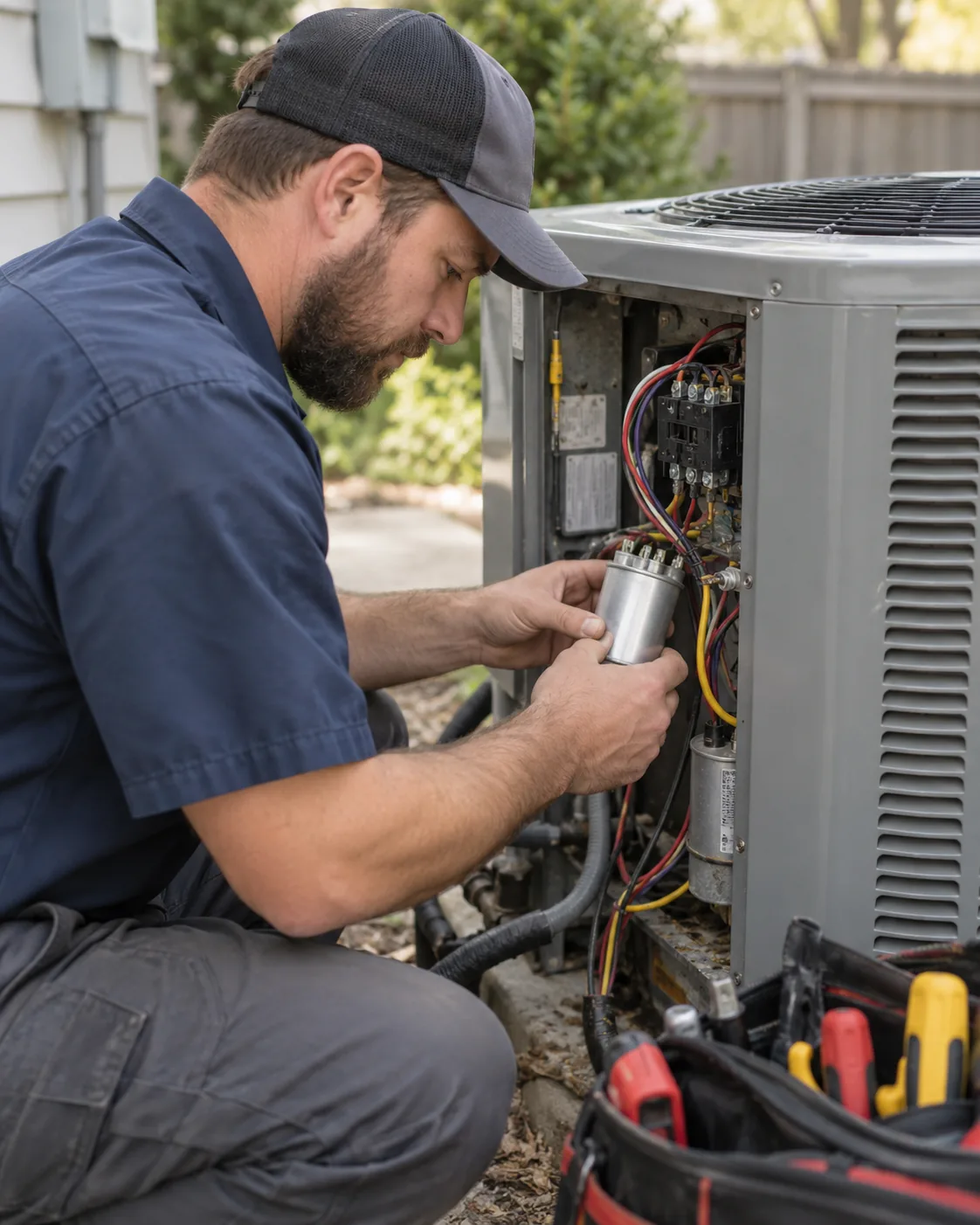 Specialist performing AC repair on a Duluth - GA split system using gauges and diagnostic tools, AC Repair in Berkeley Lake - GA technician testing condenser voltage beside a shaded residential yard, Technician performing AC repair diagnostics inside a Flowery Branch - GA home near the air handler, AC Repair in Cumming - GA technician testing condenser components beside a home during a service visit