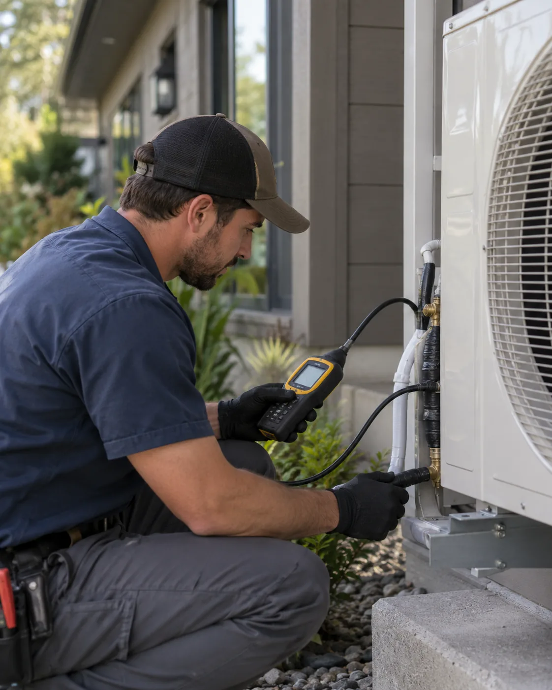 Technician performing AC repair inside a Lawrenceville - GA home while testing airflow at vents, AC Repair in Grayson - GA technician testing condenser voltage beside a suburban home, Technician performing AC repair inside an Oakwood - GA home while checking airflow at the vent, AC Repair in Sugar Hill - GA technician testing condenser components beside a residential cooling unit