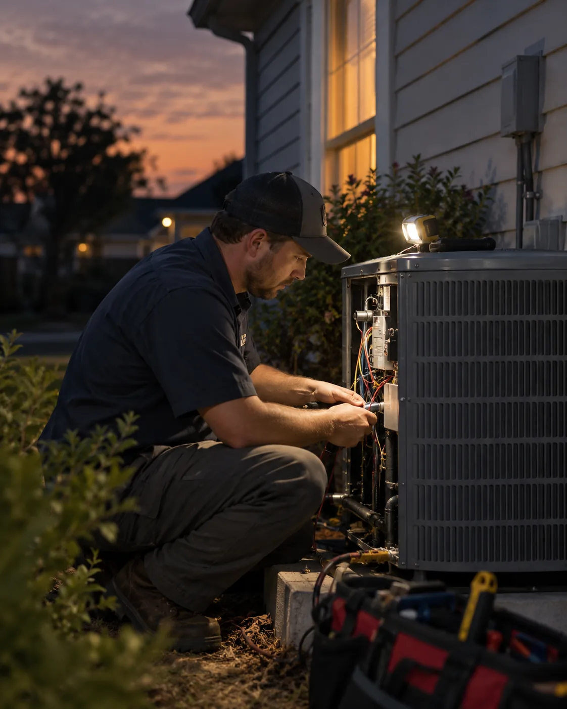 Technician performing AC repair in Peachtree Corners - GA while measuring airflow at an indoor vent, AC Repair in Loganville - GA technician testing capacitor readings beside an outdoor condenser unit, Technician performing AC repair in a Suwanee - GA home while testing indoor airflow and controls, AC Repair in Milton - GA technician testing refrigerant pressures beside a residential outdoor condenser